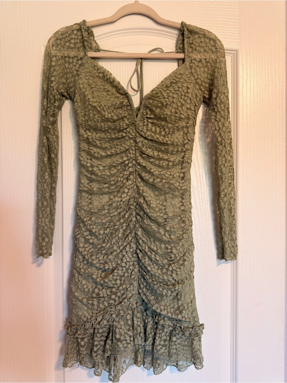 Selfie Leslie Olive Green Ruched V-Neck Long Sleeve Dress
